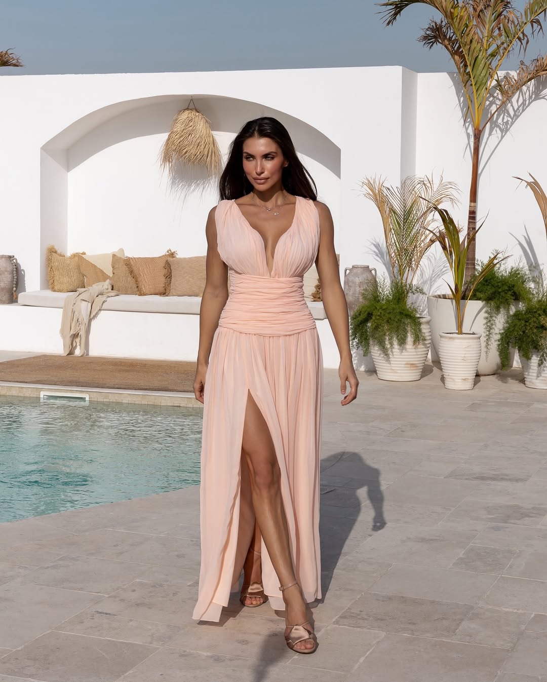 Aura dress peach free flowing dress with cinched waist